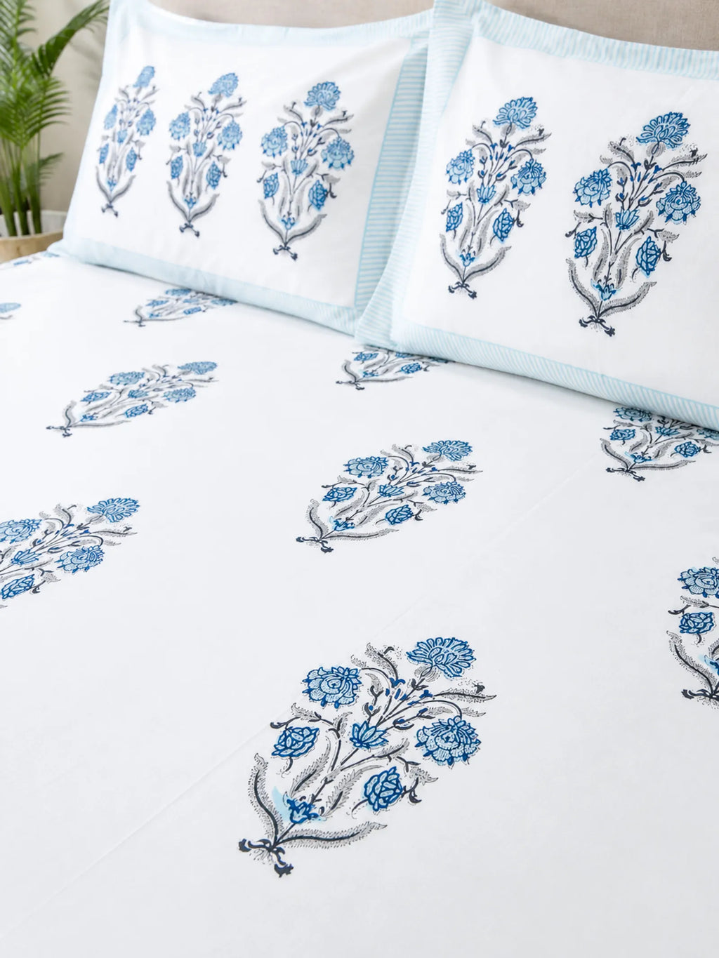 Blue Boota Floral Handblock Printed Premium Cotton Bedsheet Set image 5