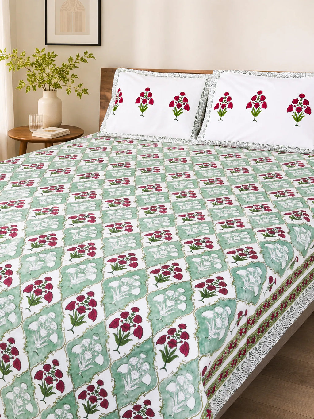 Green & Maroon Phool Jal Handblock Premium Cotton Bedsheet Set image 1