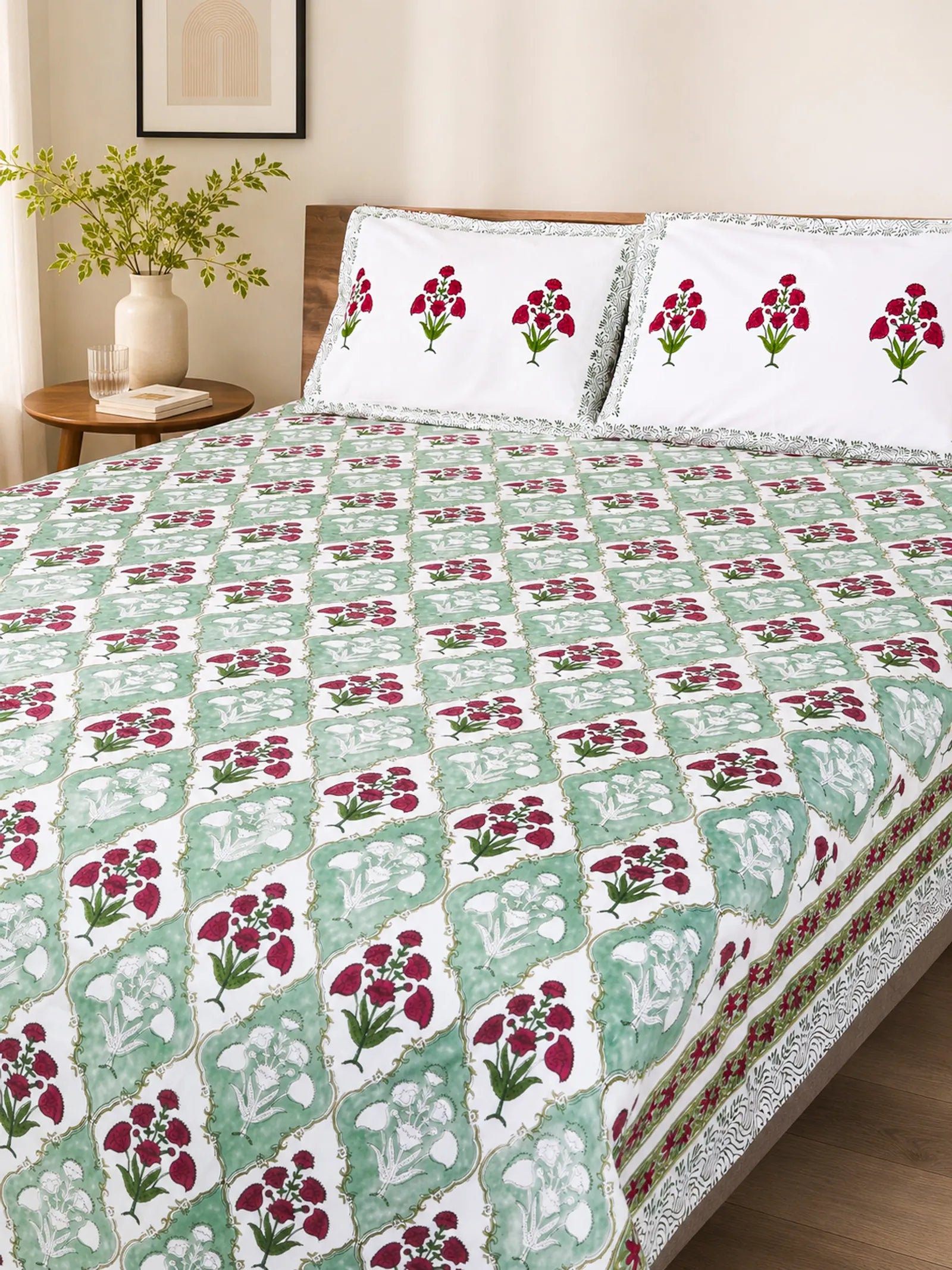 Green & Maroon Phool Jal Handblock Premium Cotton Bedsheet Set image 1