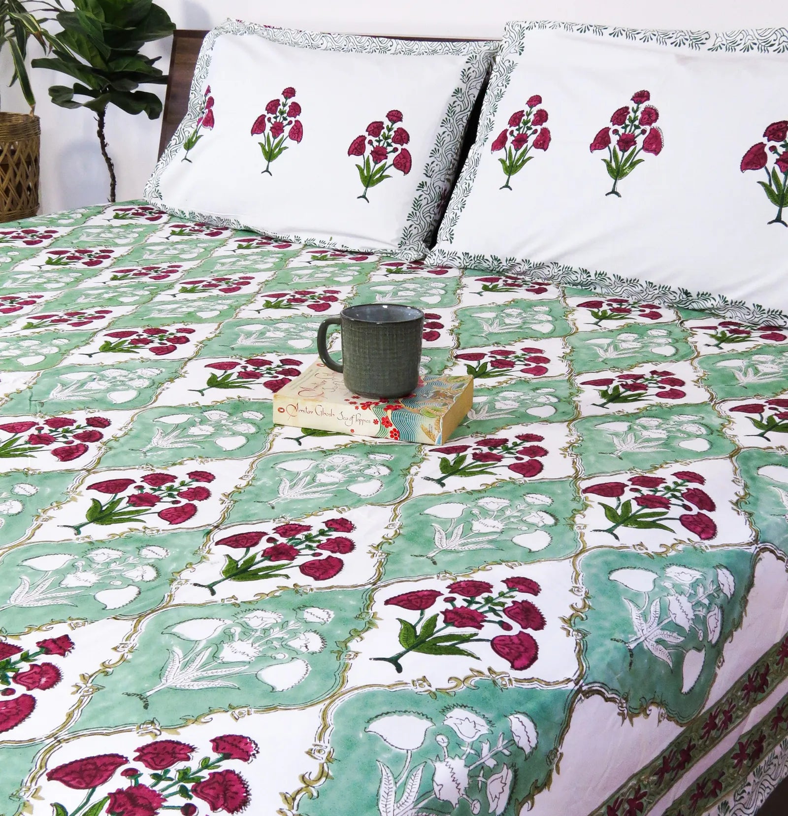 Green & Maroon Phool Jal Handblock Premium Cotton Bedsheet Set image 3