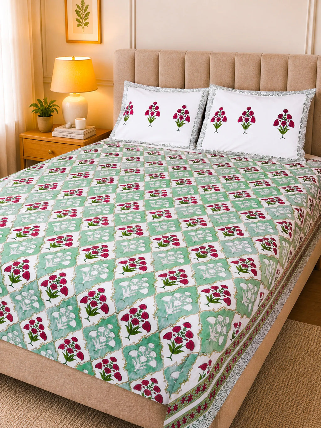 Green & Maroon Phool Jal Handblock Premium Cotton Bedsheet Set image 4