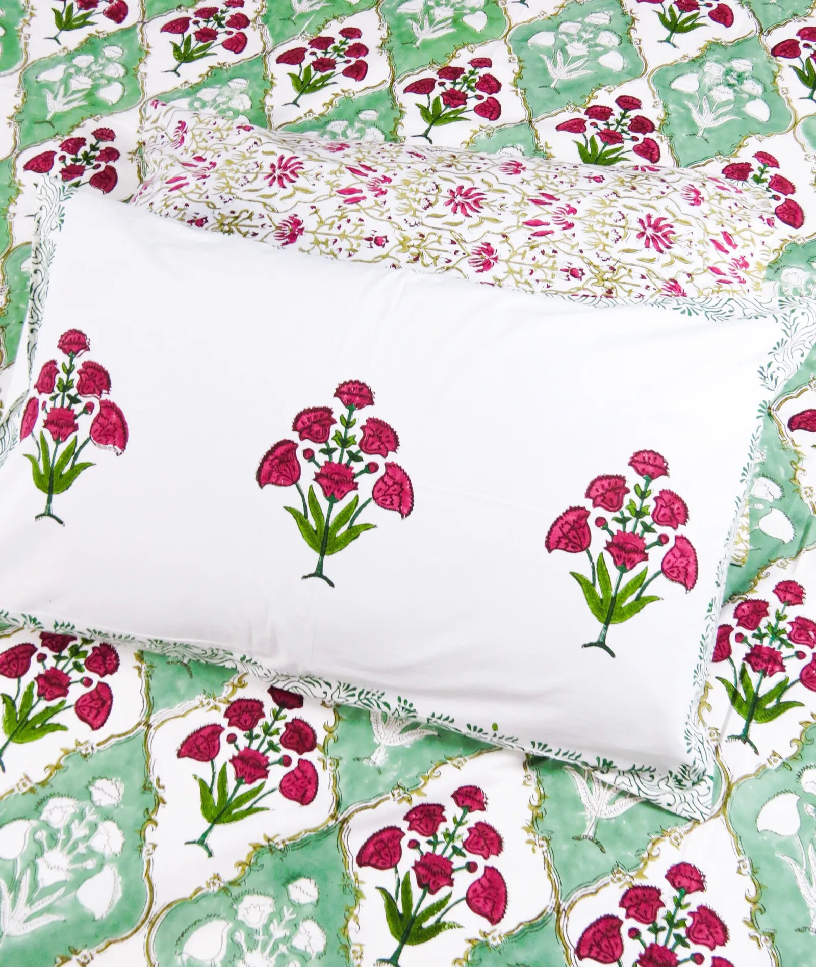 Green & Maroon Phool Jal Handblock Premium Cotton Bedsheet Set image 5
