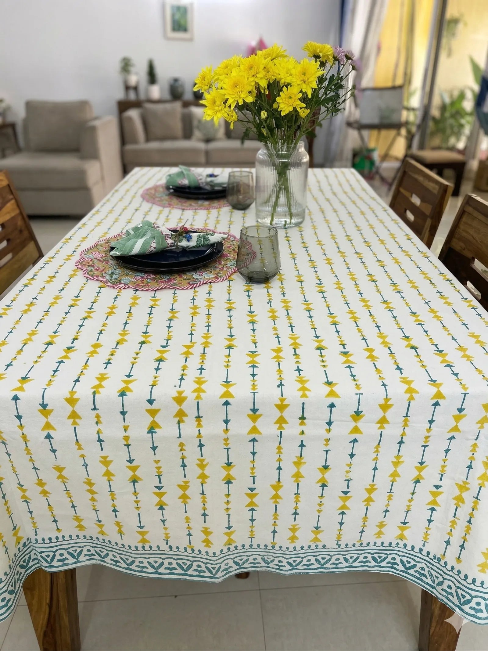 Green Yellow Arrow Handblock Cotton Table Cover image 1