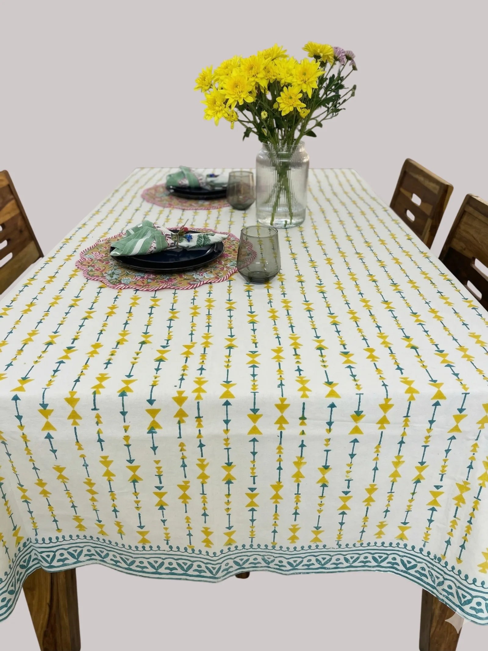 Green Yellow Arrow Handblock Cotton Table Cover image 2