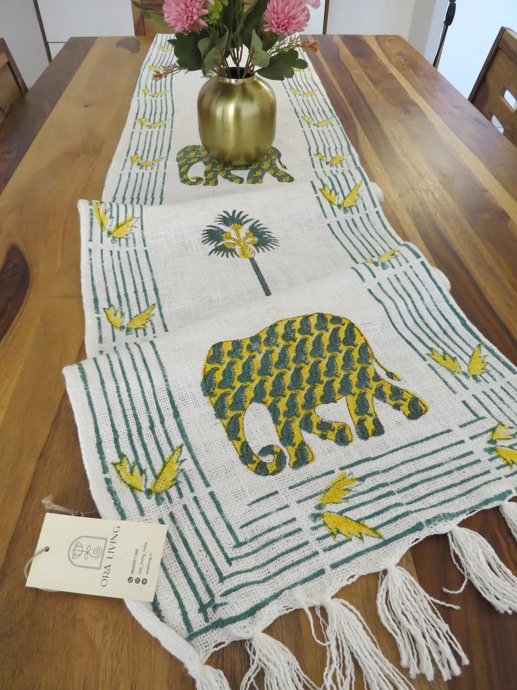 Green Yellow Elephant Handblock TNT Cotton Table Runner image 1