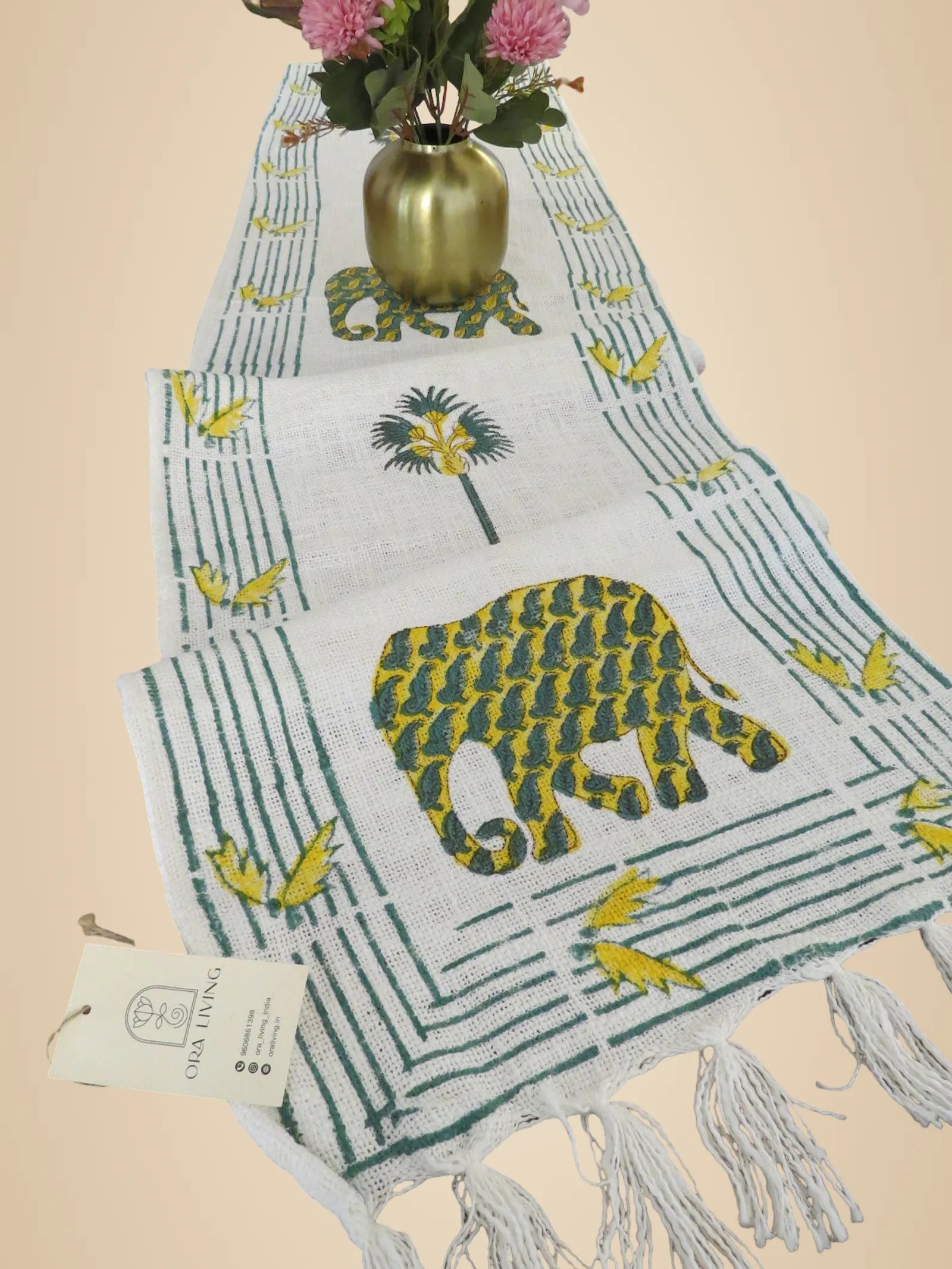 Green Yellow Elephant Handblock TNT Cotton Table Runner image 2