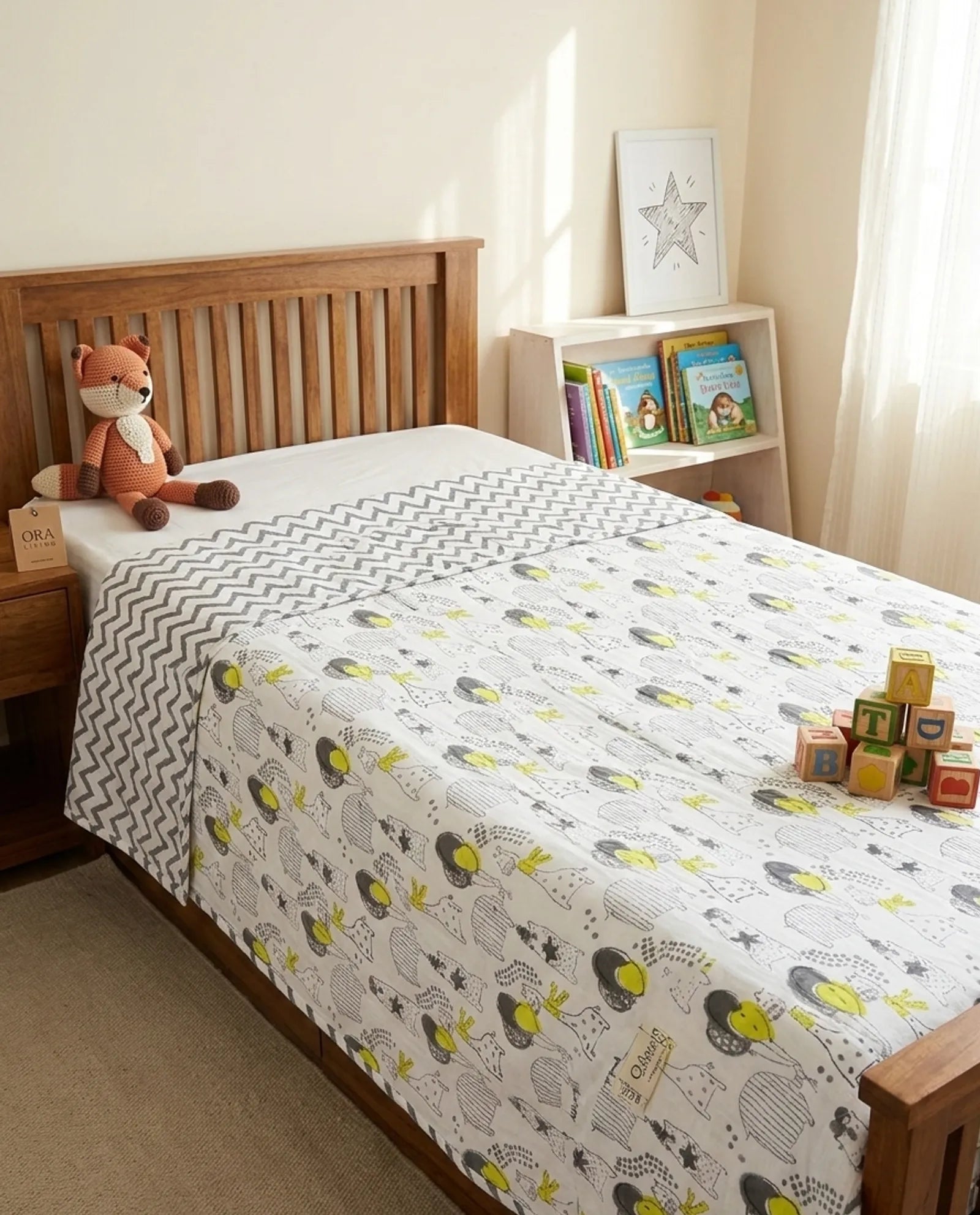 Grey & Yellow Balloon Handblock Mul Cotton Kids Dohar image 1