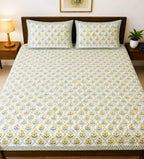 Grey & Yellow Floral Handblock Premium Cotton Bedsheet Set image 1