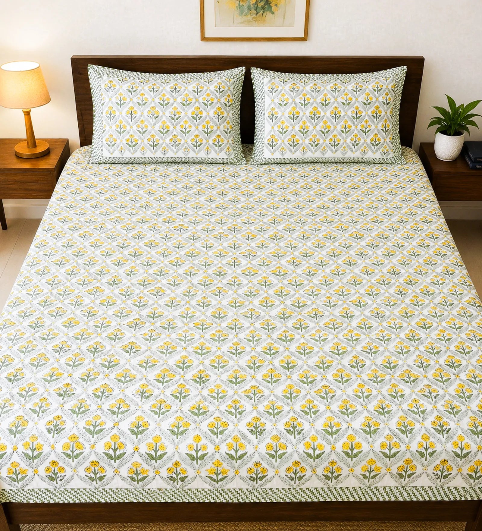 Grey & Yellow Floral Handblock Premium Cotton Bedsheet Set image 1