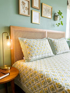 Grey & Yellow Floral Handblock Premium Cotton Bedsheet Set image 2