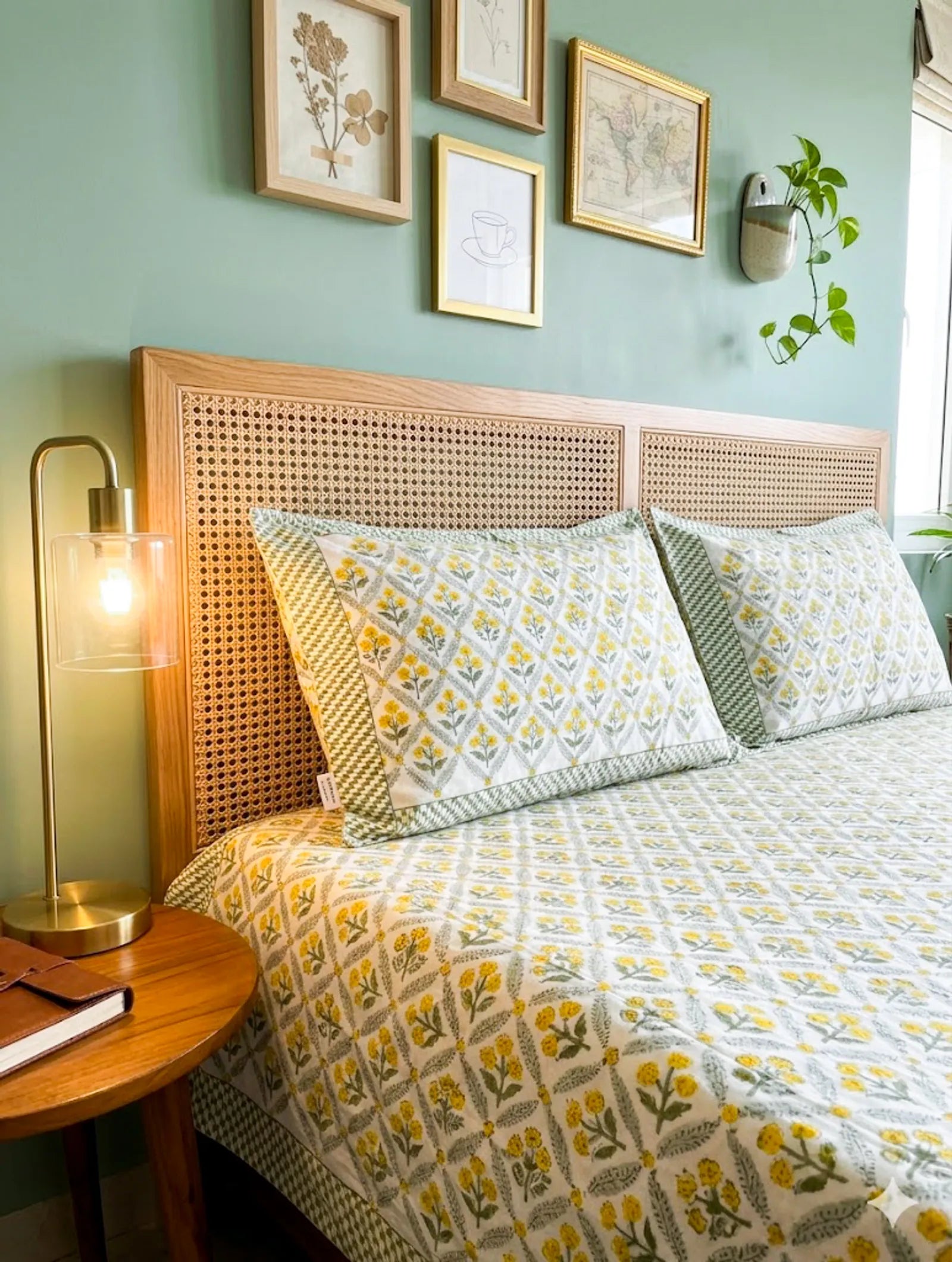 Grey & Yellow Floral Handblock Premium Cotton Bedsheet Set image 2