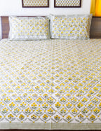 Grey & Yellow Floral Handblock Premium Cotton Bedsheet Set image 3