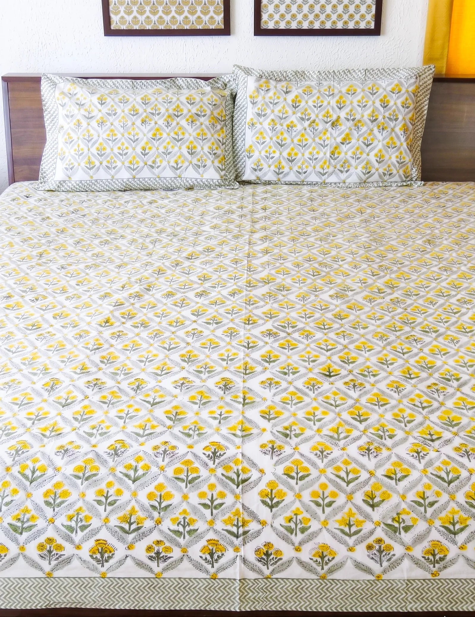 Grey & Yellow Floral Handblock Premium Cotton Bedsheet Set image 3