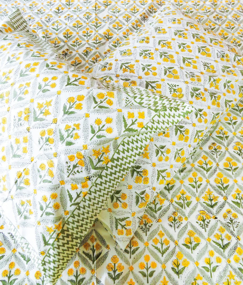 Grey & Yellow Floral Handblock Premium Cotton Bedsheet Set image 4