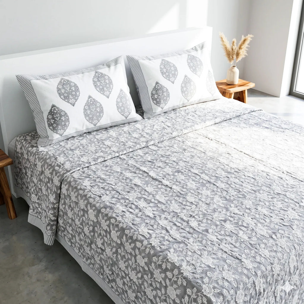 Grey Floral Handblock Premium Cotton Bedsheet Set image 1