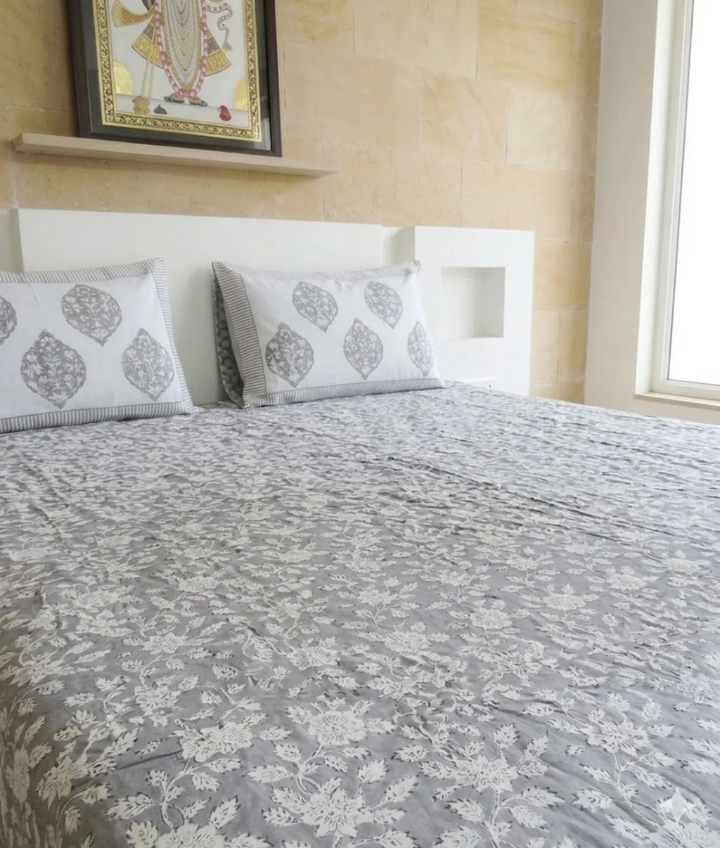 Grey Floral Handblock Premium Cotton Bedsheet Set image 2