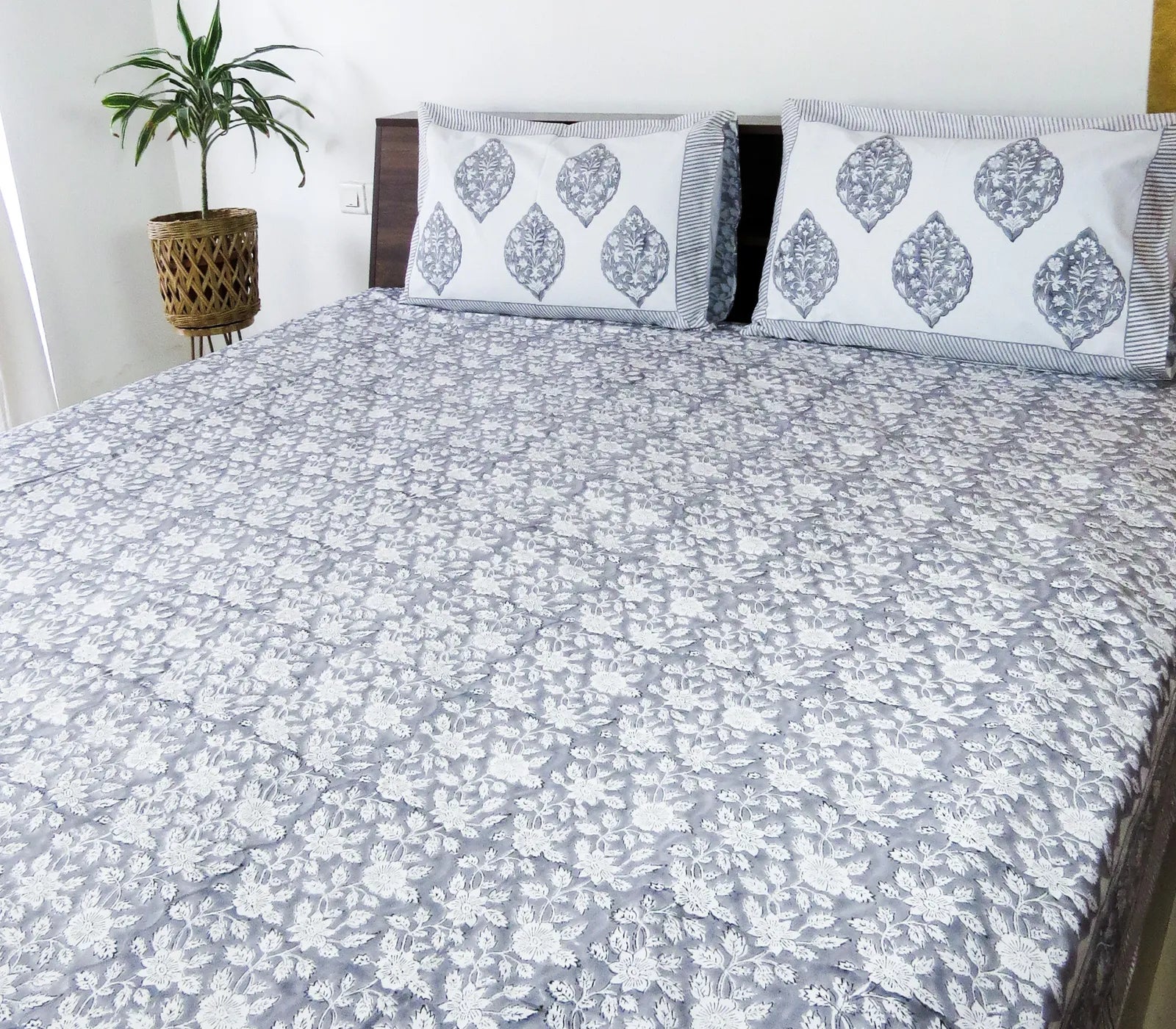 Grey Floral Handblock Premium Cotton Bedsheet Set image 3