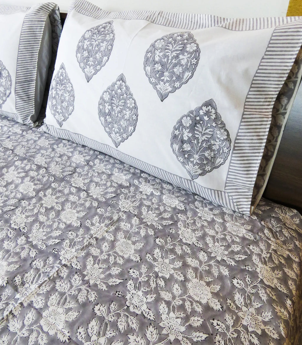 Grey Floral Handblock Premium Cotton Bedsheet Set image 4