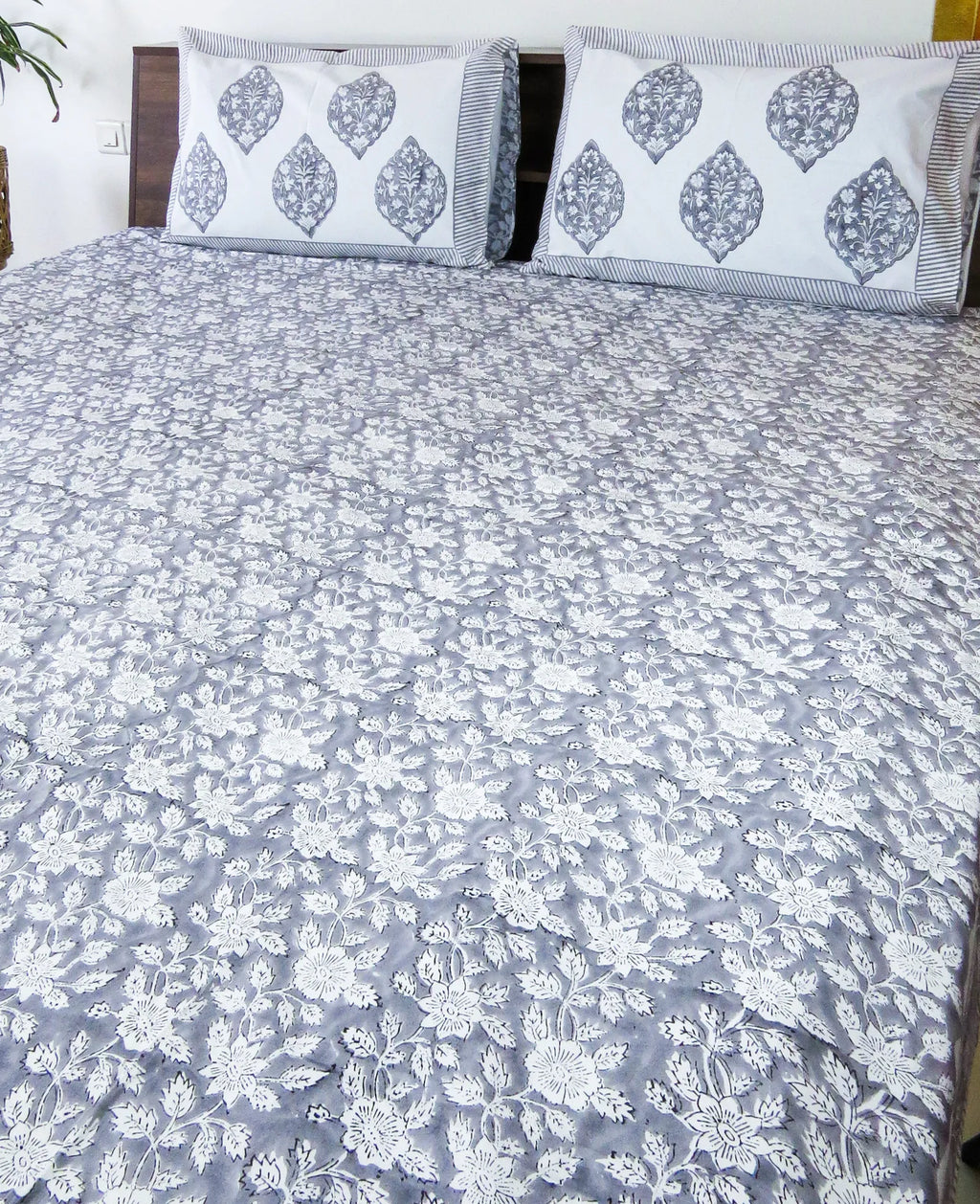 Grey Floral Handblock Premium Cotton Bedsheet Set image 5