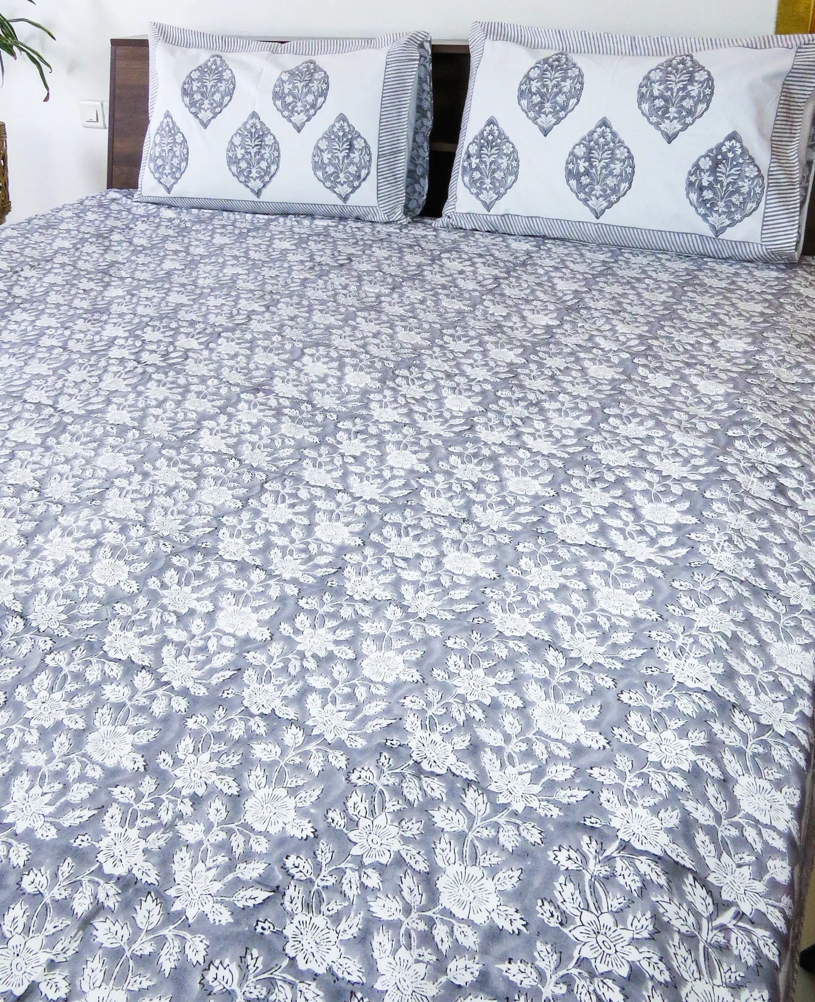 Grey Floral Handblock Premium Cotton Bedsheet Set image 5