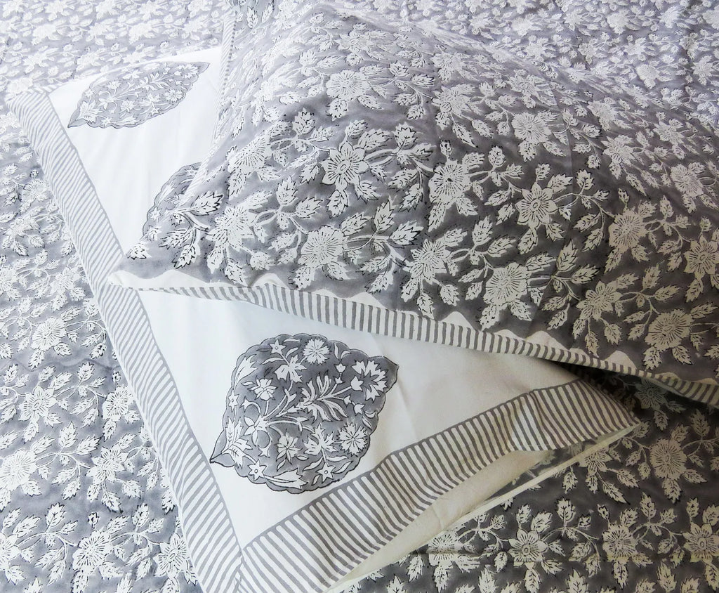 Grey Floral Handblock Premium Cotton Bedsheet Set image 6