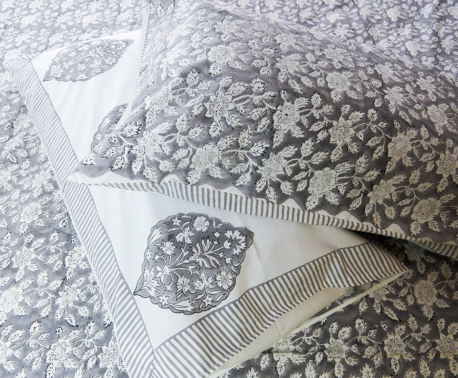 Grey Floral Handblock Premium Cotton Bedsheet Set image 6
