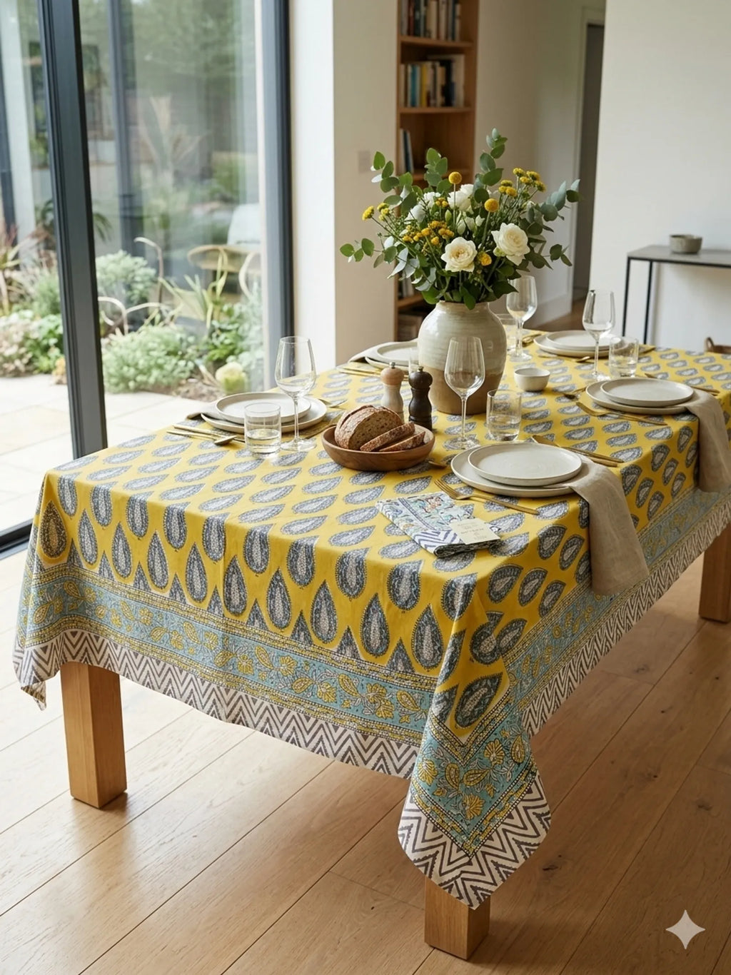 Grey Yellow Leaf Handblock Cotton Table Cover image 1
