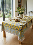 Grey Yellow Leaf Handblock Cotton Table Cover image 1