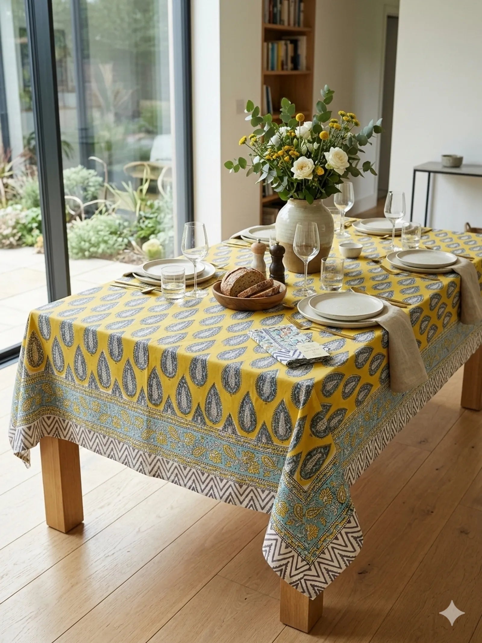 Grey Yellow Leaf Handblock Cotton Table Cover image 1