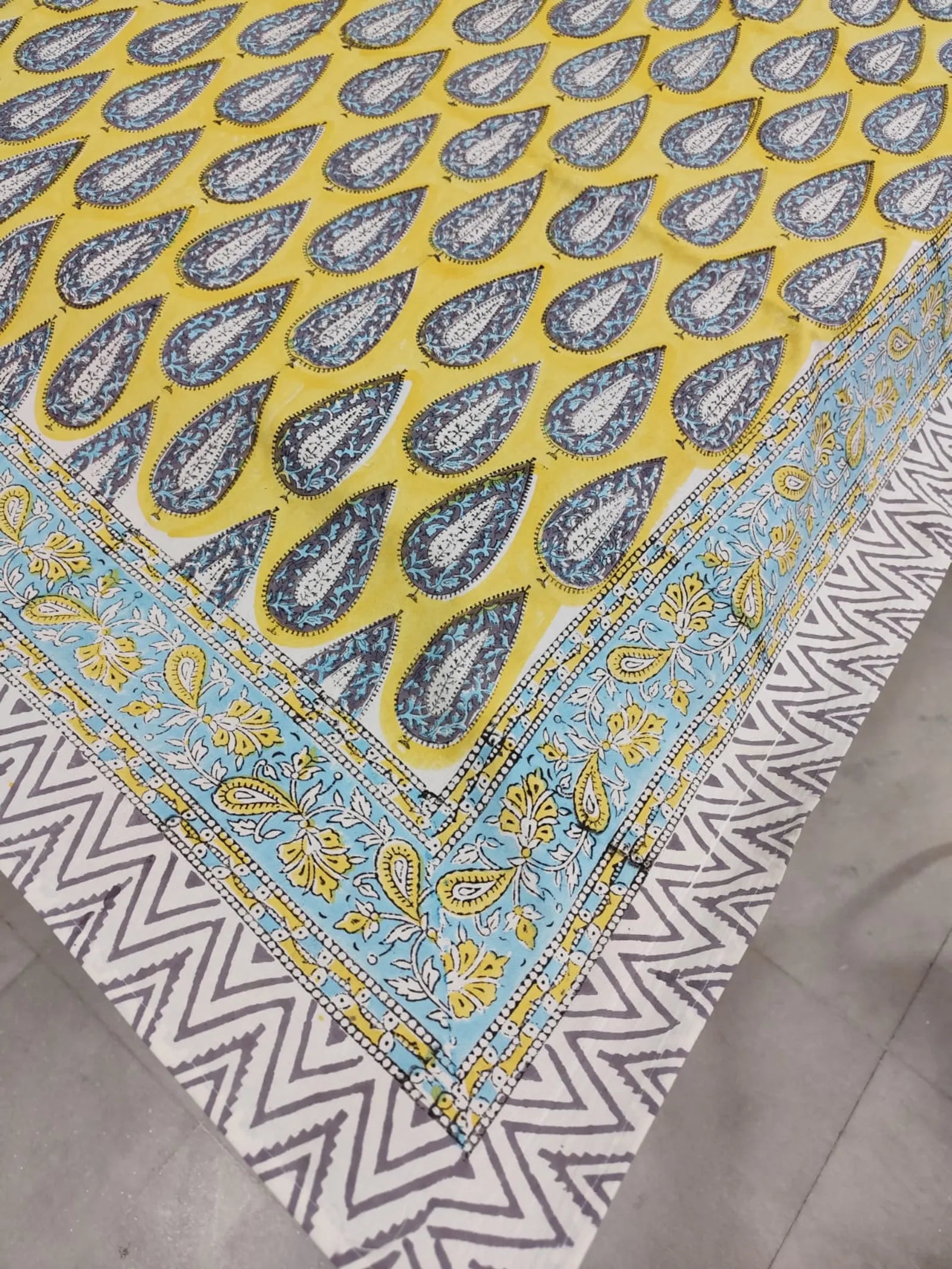 Grey Yellow Leaf Handblock Cotton Table Cover image 2