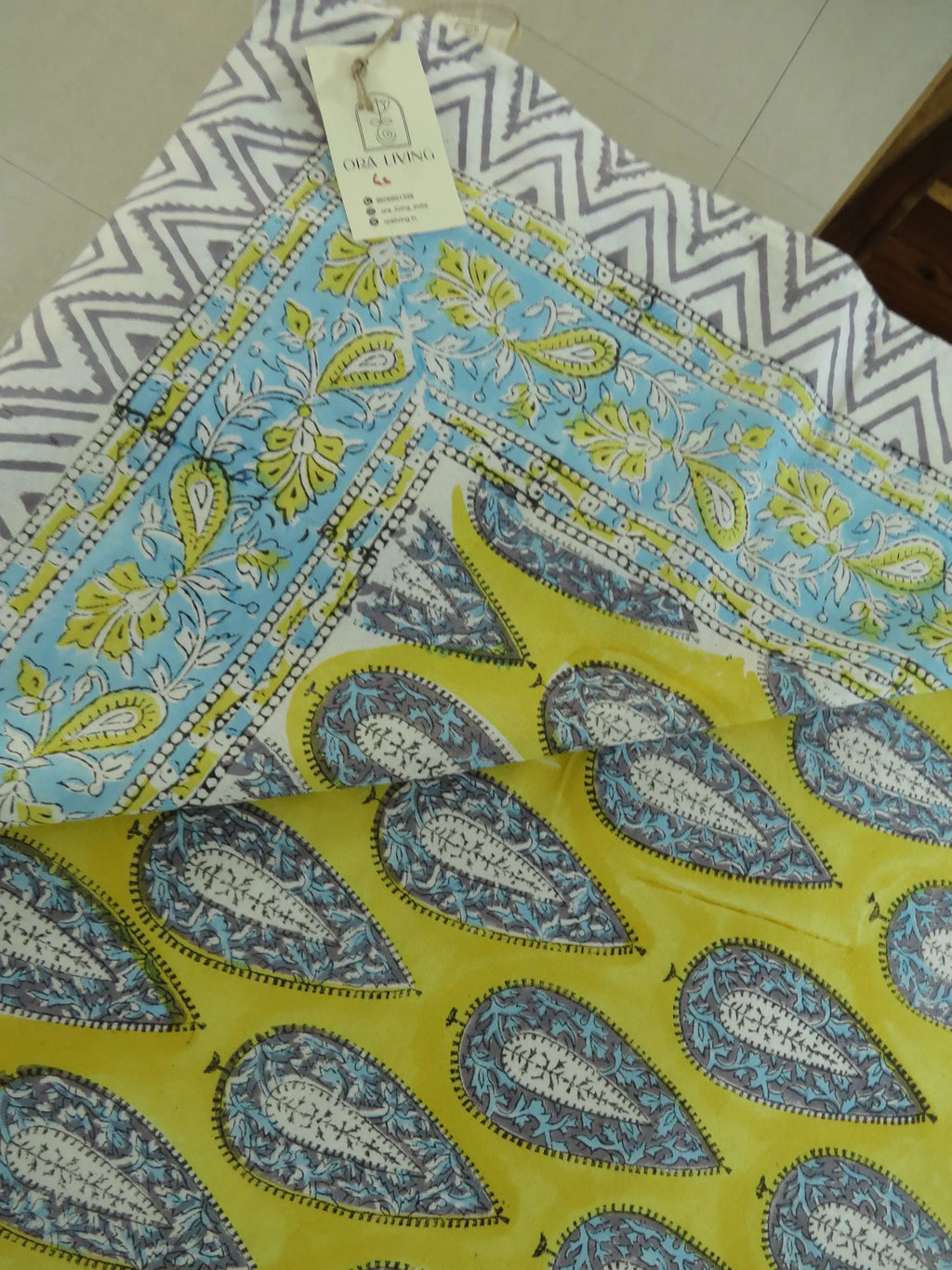 Grey Yellow Leaf Handblock Cotton Table Cover image 3