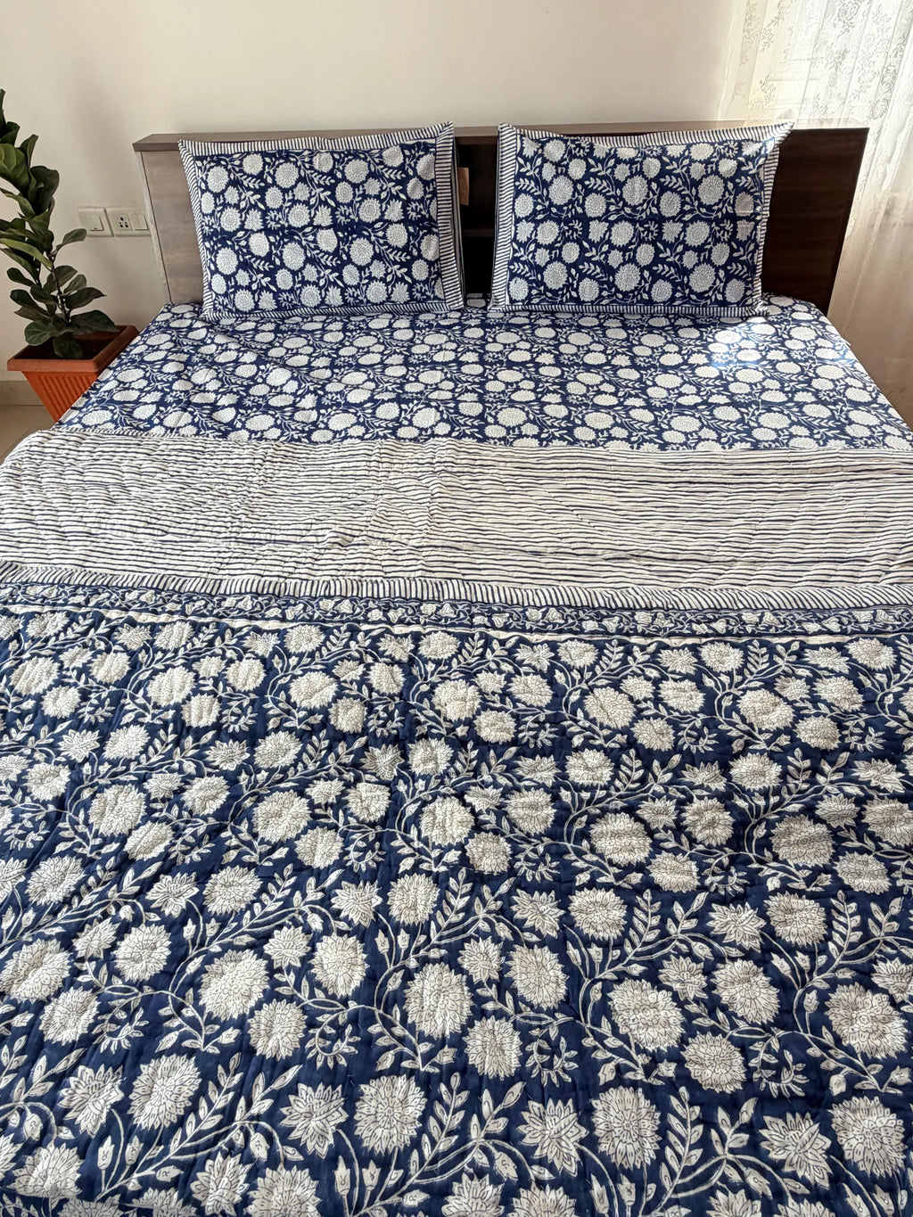 Indigo Floral Handblock Mul Cotton Quilt Single image 1