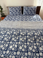 Indigo Floral Handblock Mul Cotton Quilt Single image 1