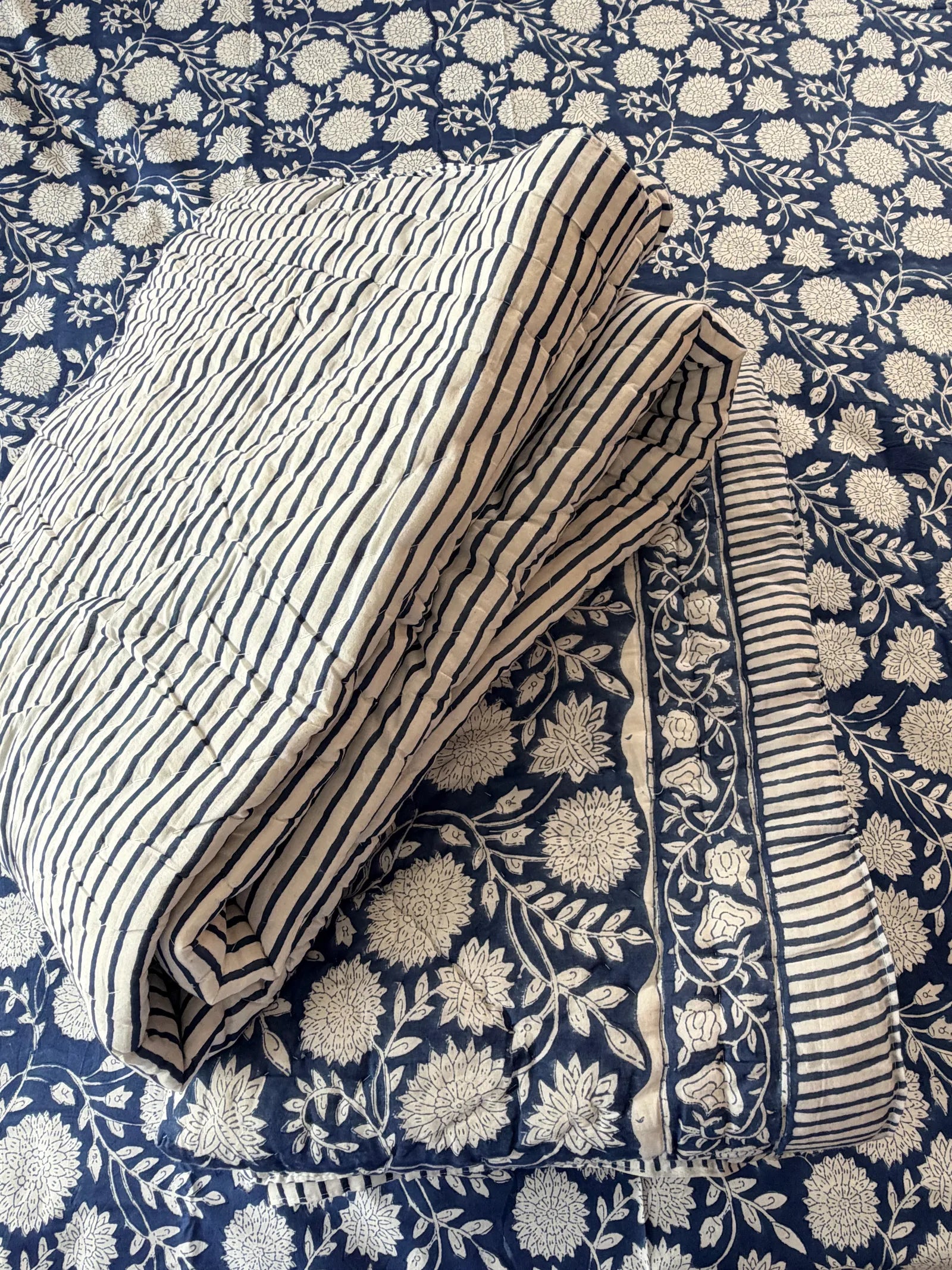 Indigo Floral Handblock Mul Cotton Quilt Single image 2