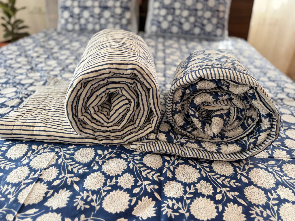 Indigo Floral Handblock Mul Cotton Quilt Single image 3
