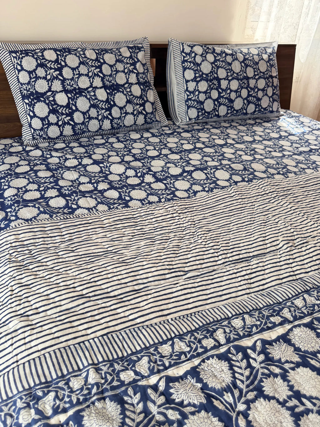 Indigo Floral Handblock Mul Cotton Quilt Single image 4