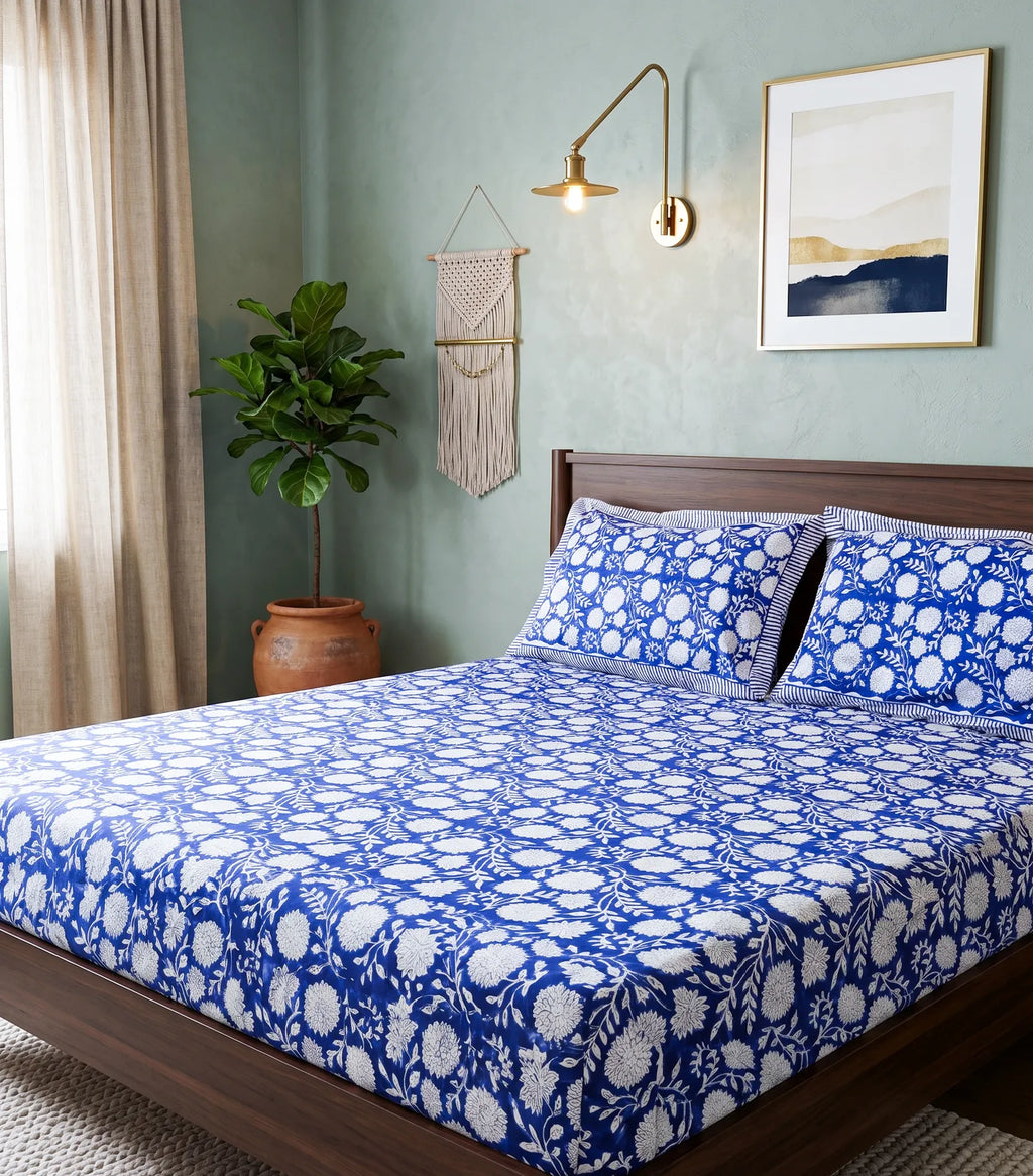 Indigo Floral Handblock Premium Cotton Bedsheet Set image 2