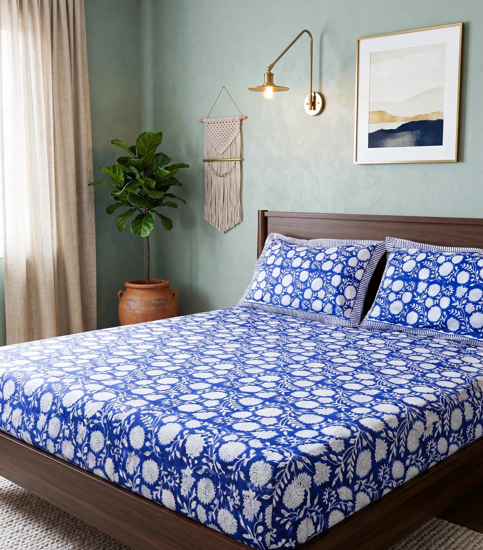 Indigo Floral Handblock Premium Cotton Bedsheet Set image 2