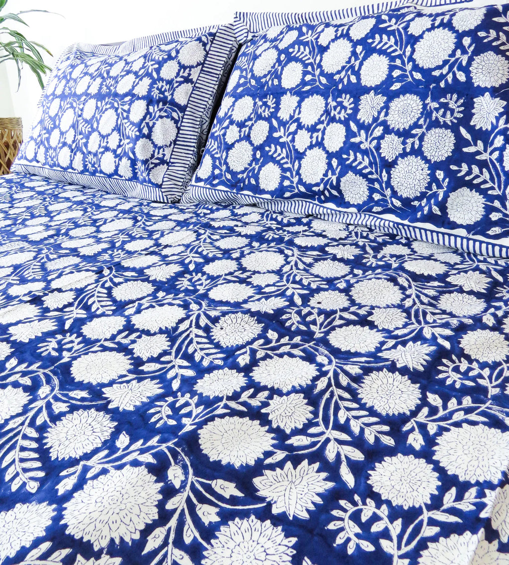 Indigo Floral Handblock Premium Cotton Bedsheet Set image 3