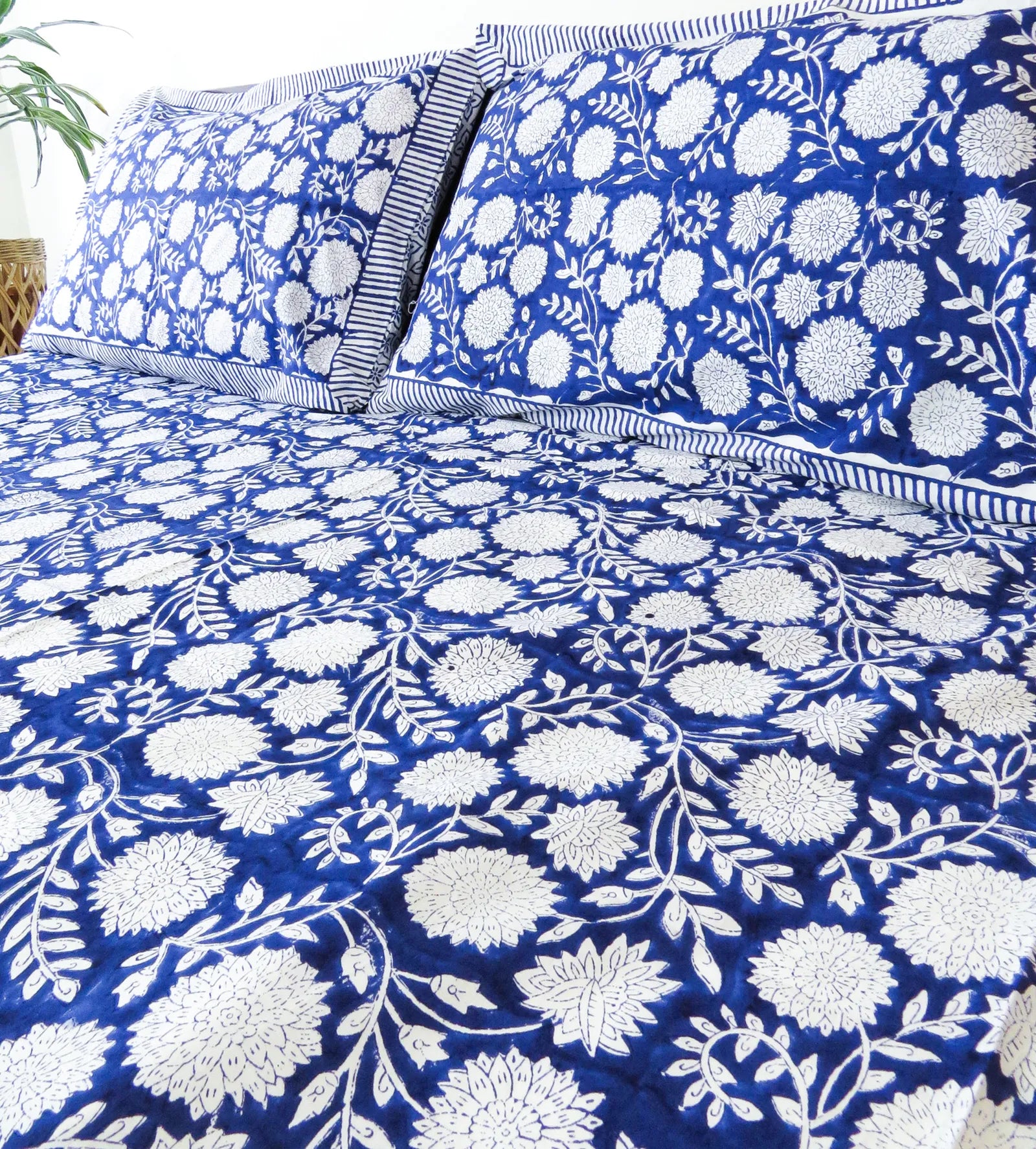 Indigo Floral Handblock Premium Cotton Bedsheet Set image 3