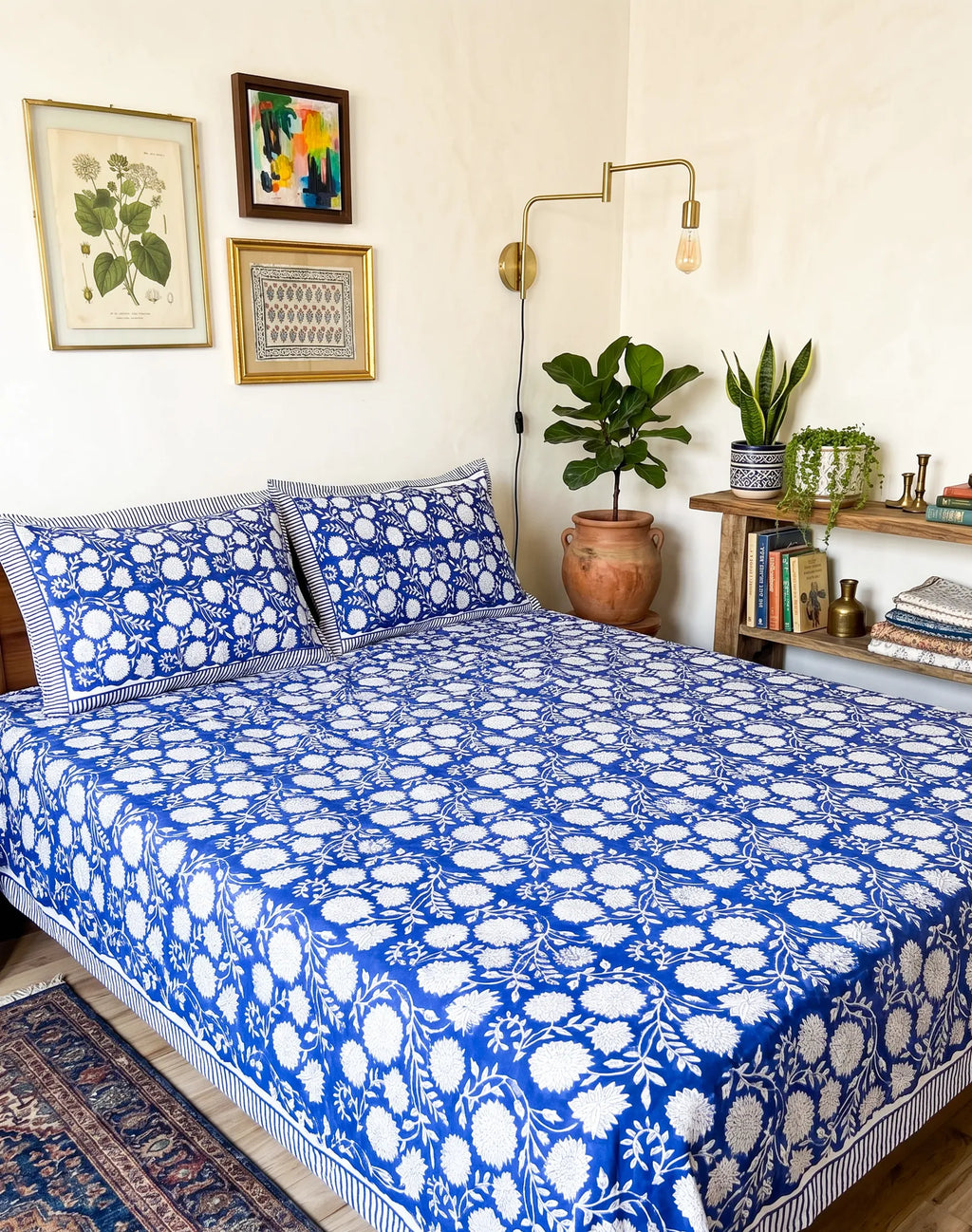 Indigo Floral Handblock Premium Cotton Bedsheet Set image 4