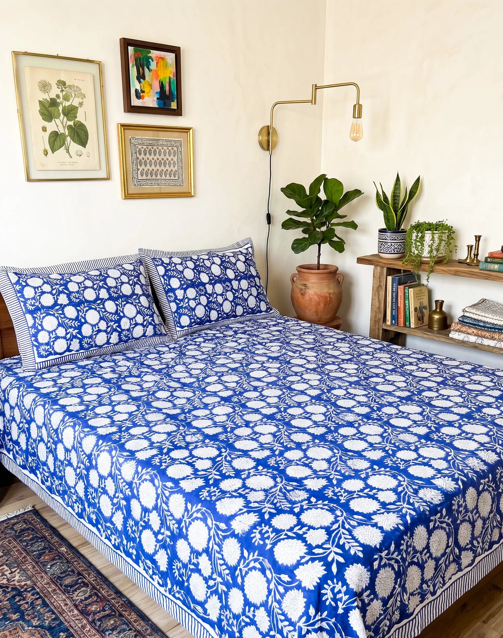 Indigo Floral Handblock Premium Cotton Bedsheet Set image 4