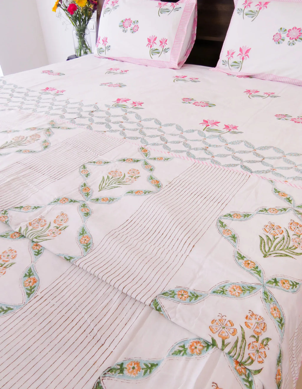 Ivory Floral Diamond Jal Handblock Mul Cotton Dohar image 1