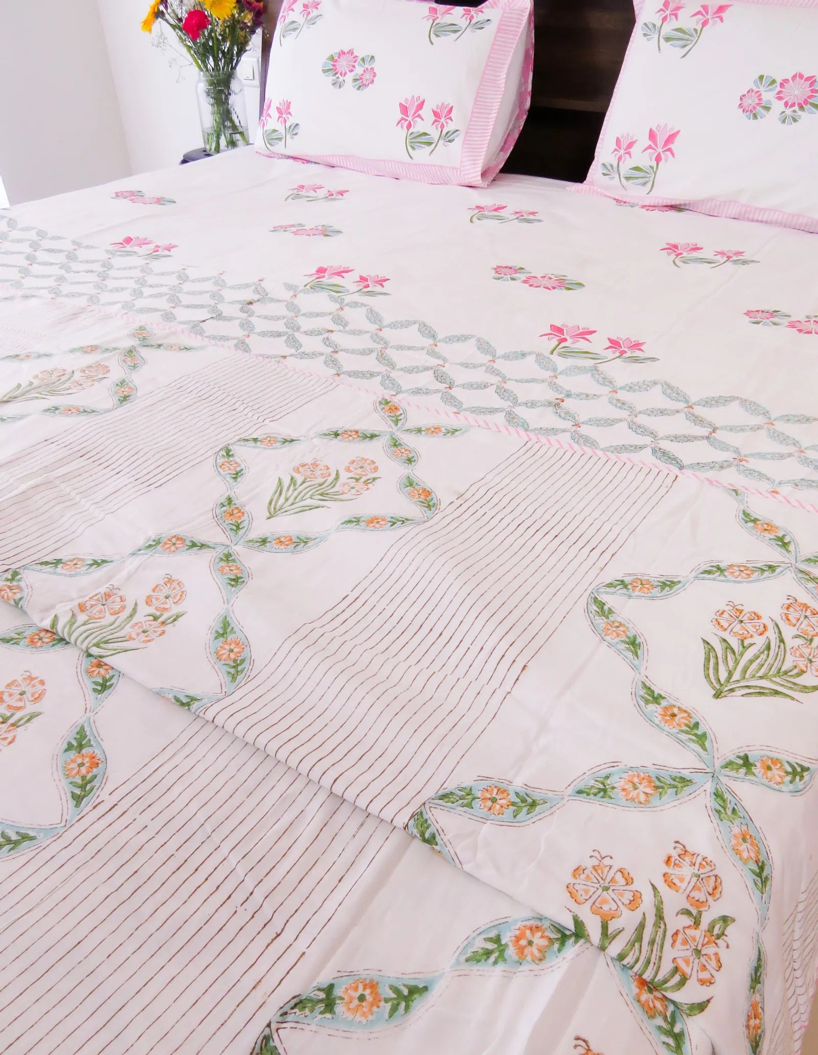 Ivory Floral Diamond Jal Handblock Mul Cotton Dohar image 1