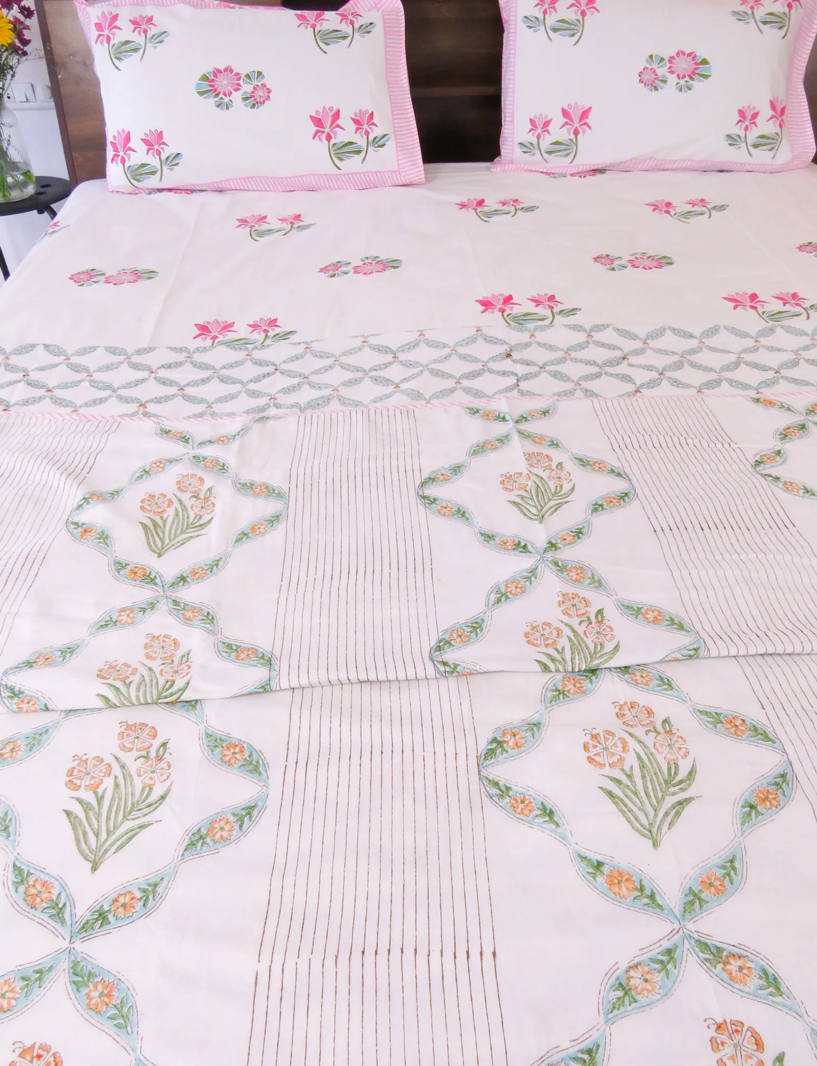 Ivory Floral Diamond Jal Handblock Mul Cotton Dohar image 3