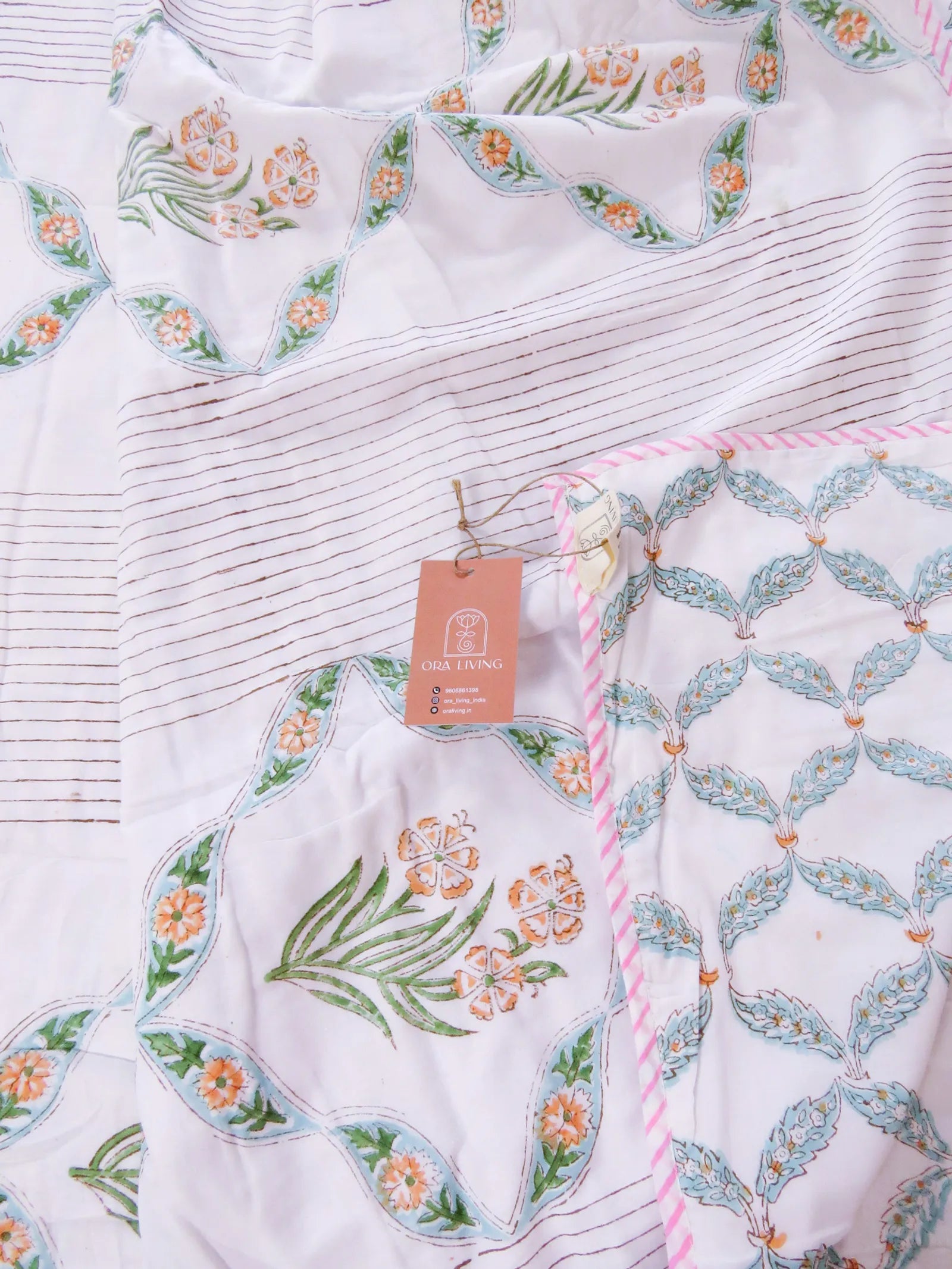 Ivory Floral Diamond Jal Handblock Mul Cotton Dohar image 5