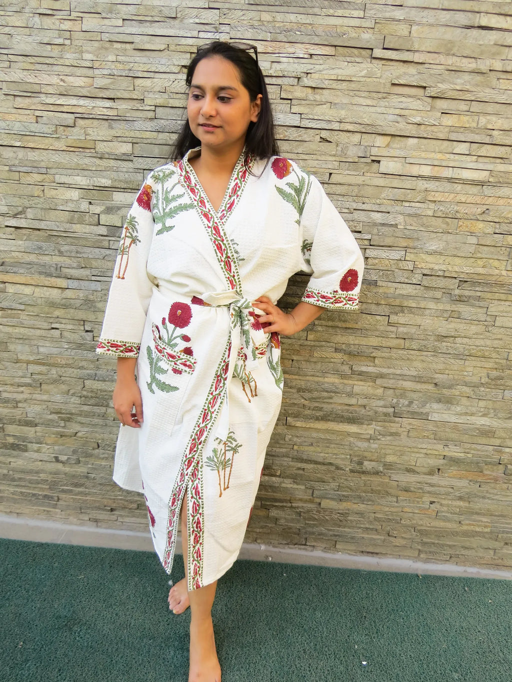 MAROON FLOWER PALM TREE Handblock Printed Waffle Cotton Bathrobe image 1