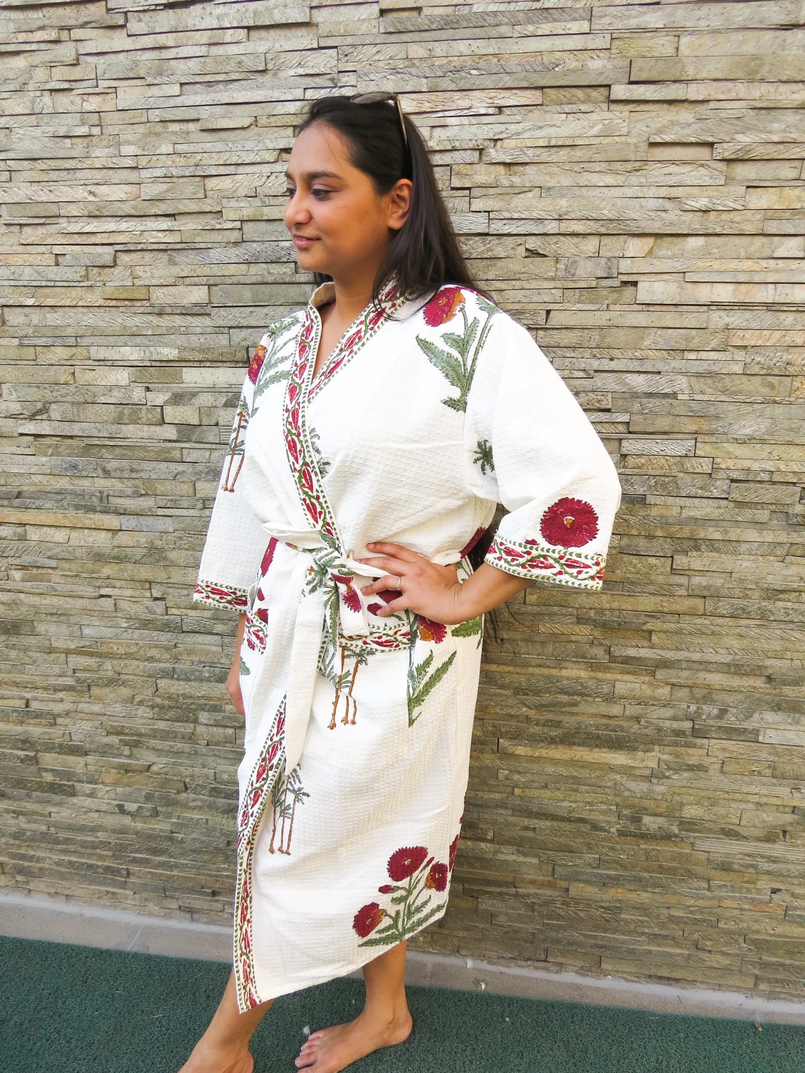 MAROON FLOWER PALM TREE Handblock Printed Waffle Cotton Bathrobe image 2
