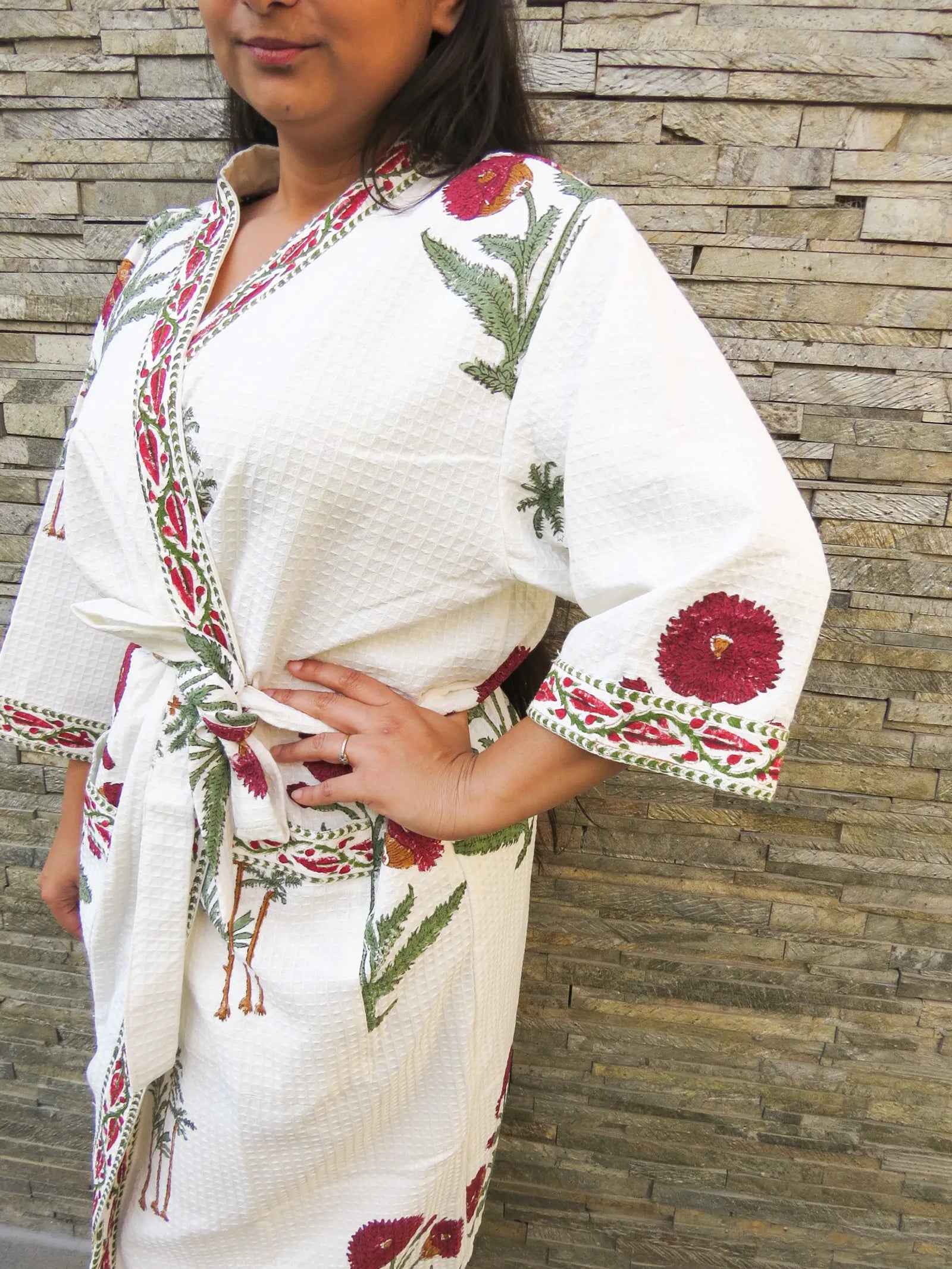 MAROON FLOWER PALM TREE Handblock Printed Waffle Cotton Bathrobe image 3