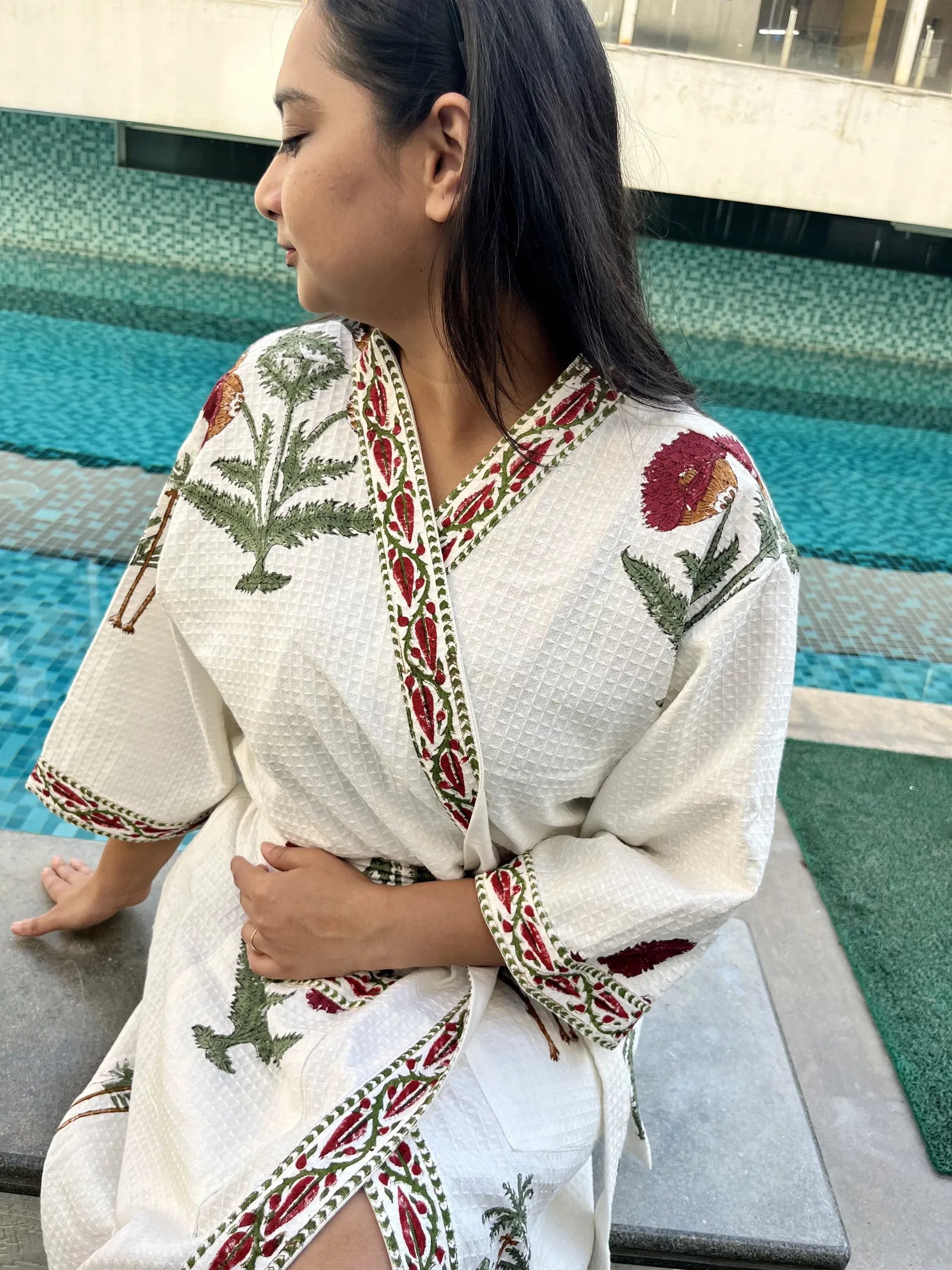 MAROON FLOWER PALM TREE Handblock Printed Waffle Cotton Bathrobe image 4